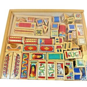 Vtg TS Shure ArchiQuest Dragons Pagodas Wooden Block Set 50 Pc Complete No Book